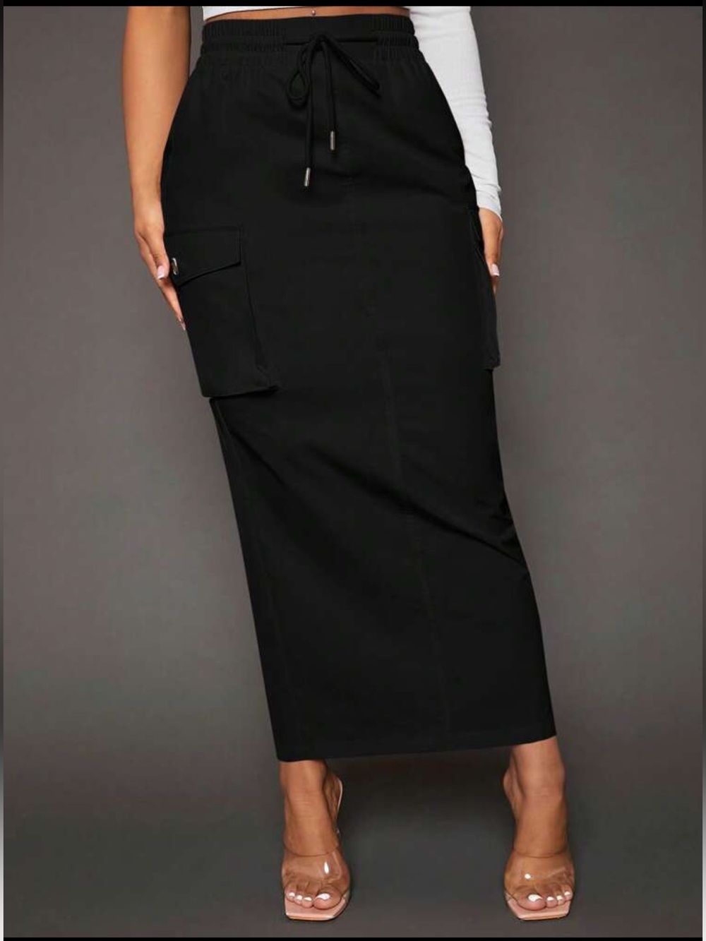 New! Never Used! Women's Black Cargo Pocket Maxi Skirt with Drawstring Waist